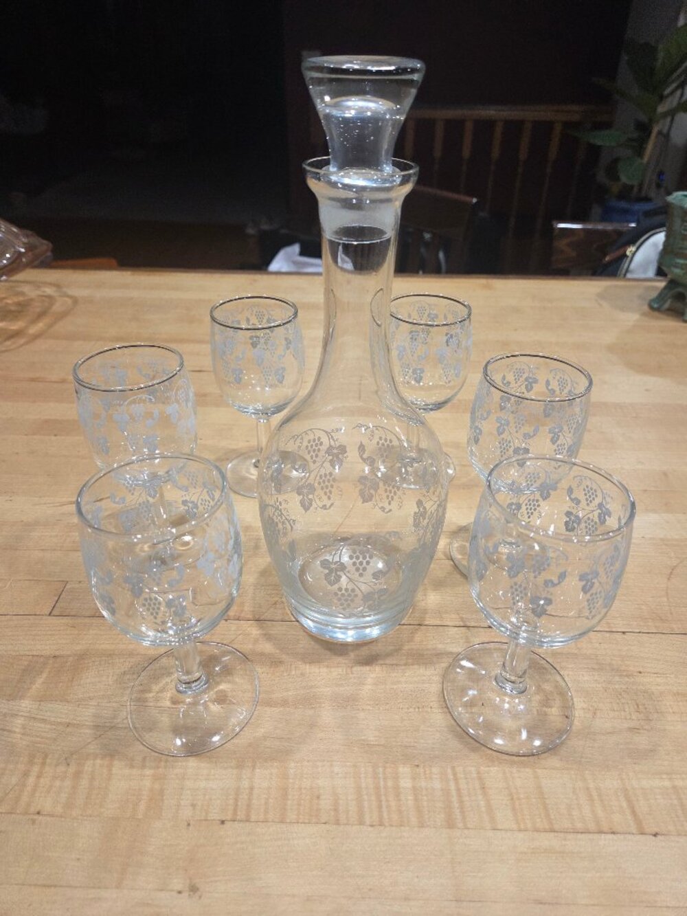 Vintage Etched Glass Wine Decanter Set with 6 Stemmed Goblet Glasses 7pc